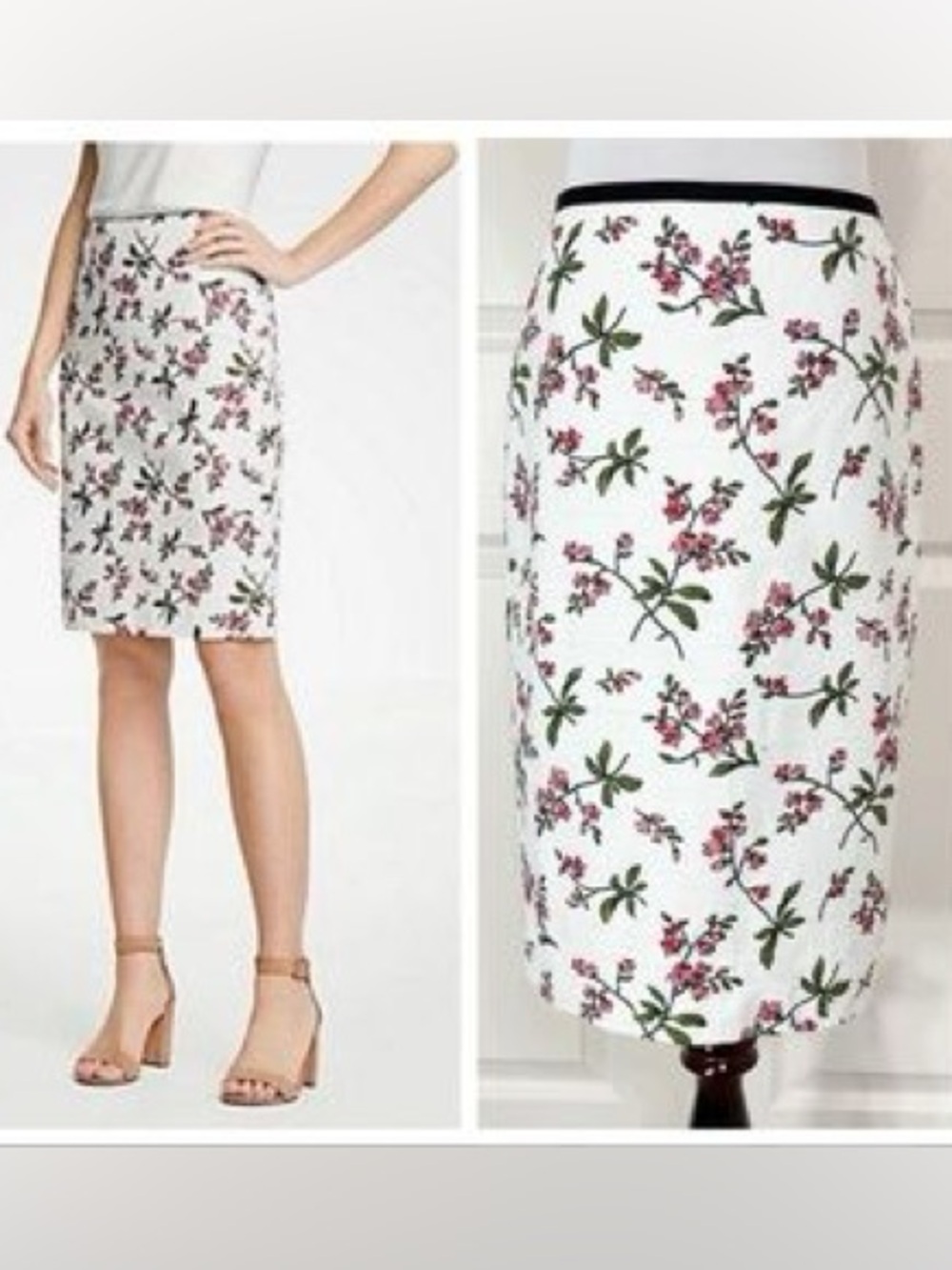 Ann Taylor White Floral Pencil Skirt with Pink Blossoms